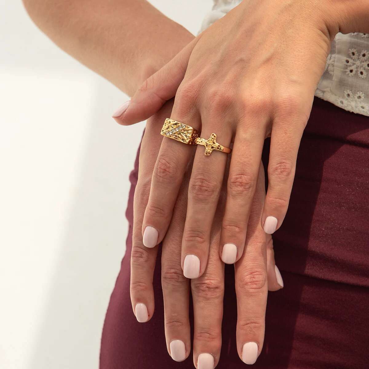 2pc Punk Cross Rhinestone Ring Set