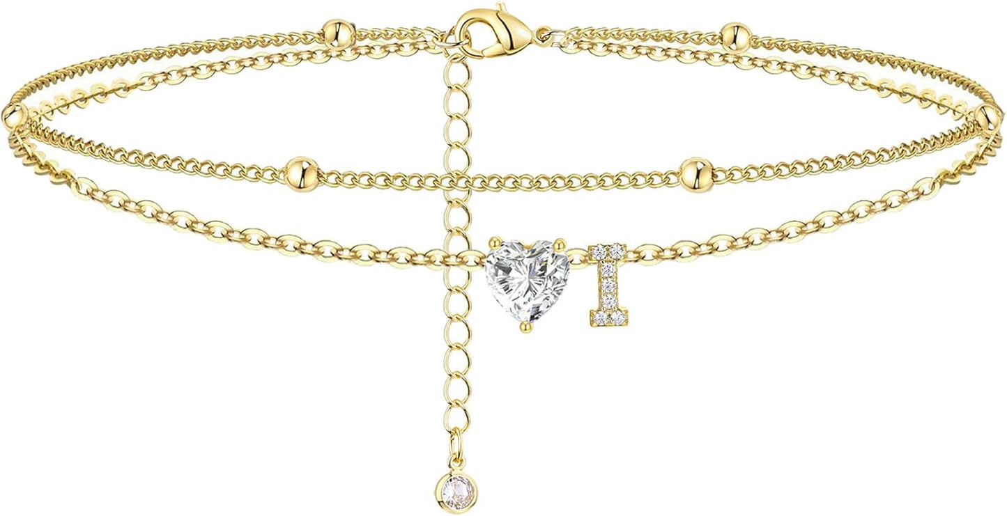 Gold Heart Charm Initial Anklet