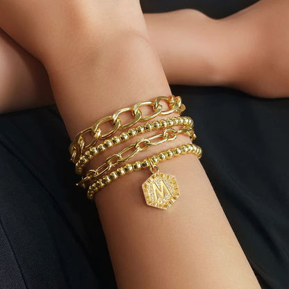 5pc Gold Beaded Chain Bracelet Set with Initial Charm