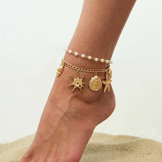 2pc Starfish & Pearl Anklet Set