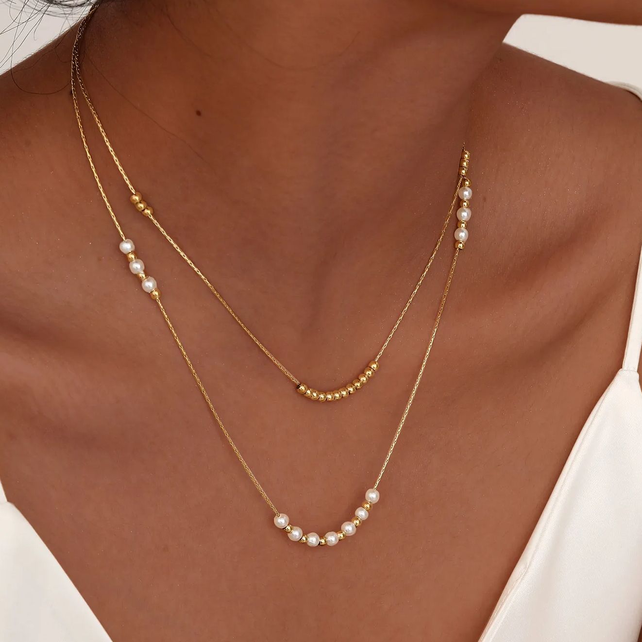 2pc Dainty Pearl and Gold Bead Necklace Set