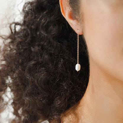 14k Gold Pearl Chain Drop Earrings