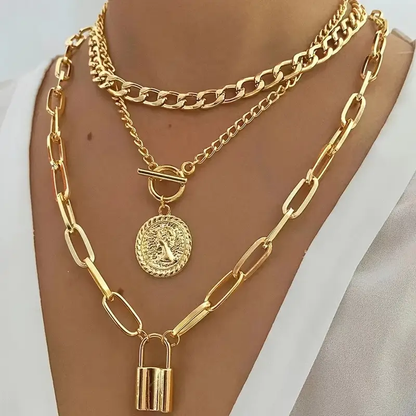 3pc Coin & Lock Pendant Chain Necklace Set