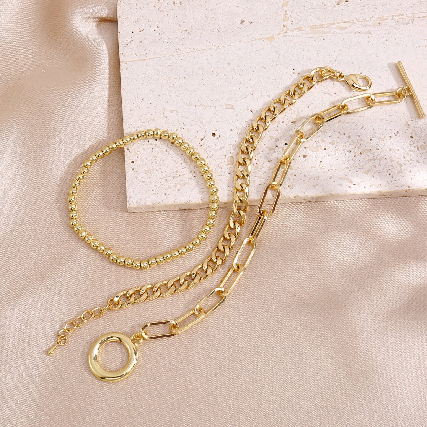3pc Gold Chain & Toggle Bracelet Set