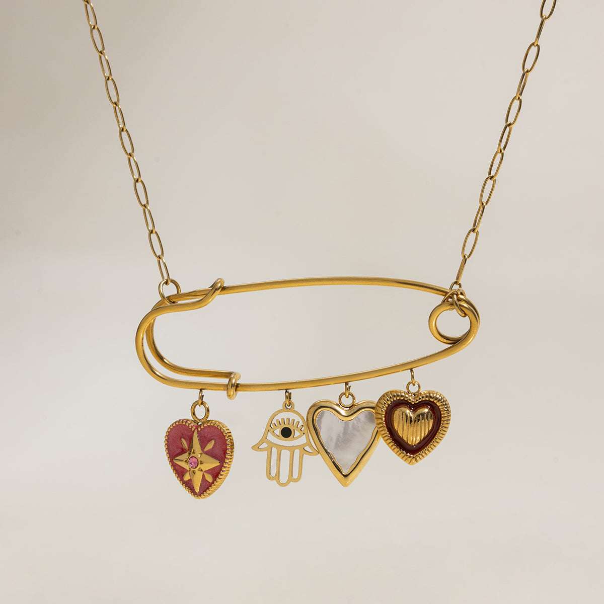 Gold Safety Pin Charm Necklace