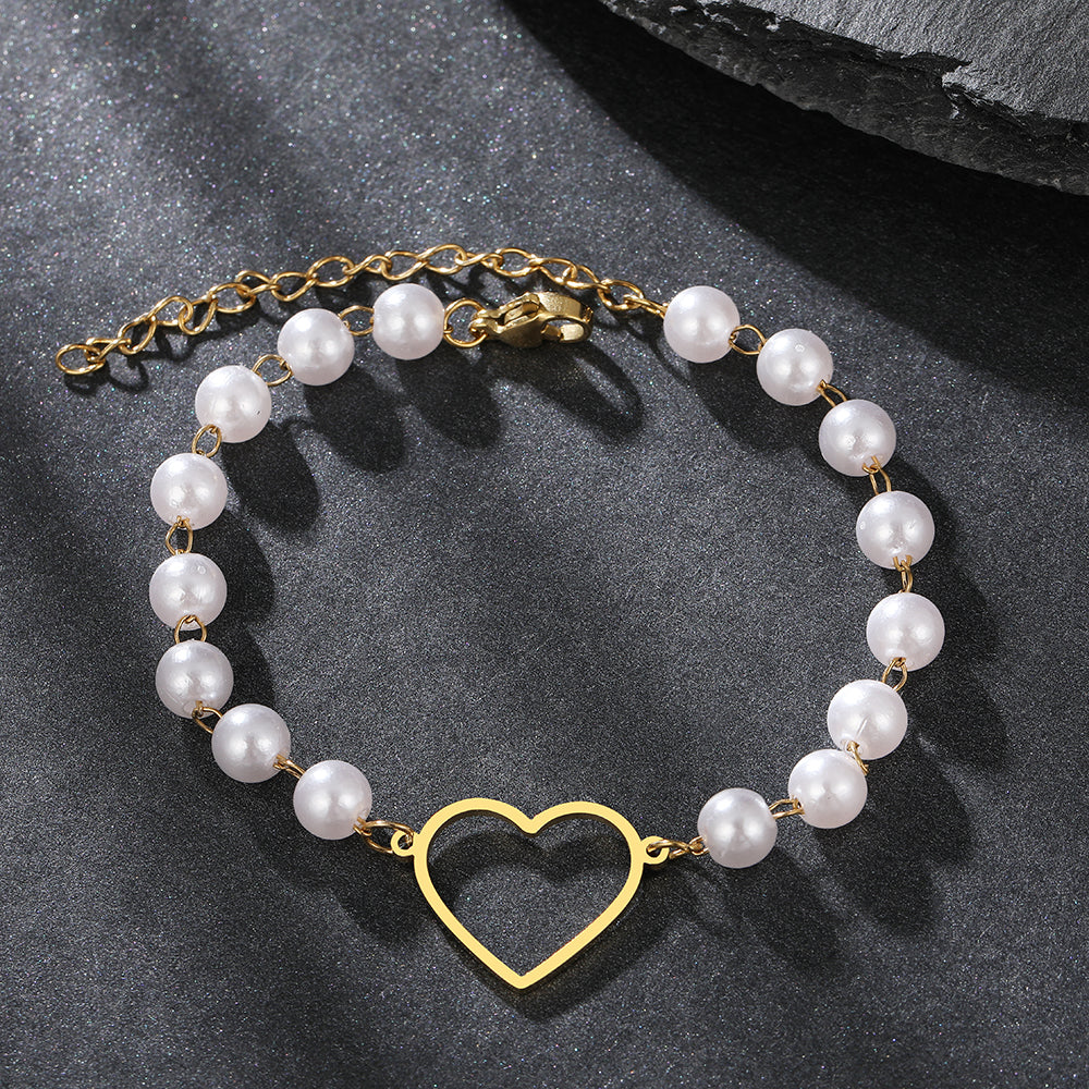 Gold Heart & Pearl Chain Bracelet