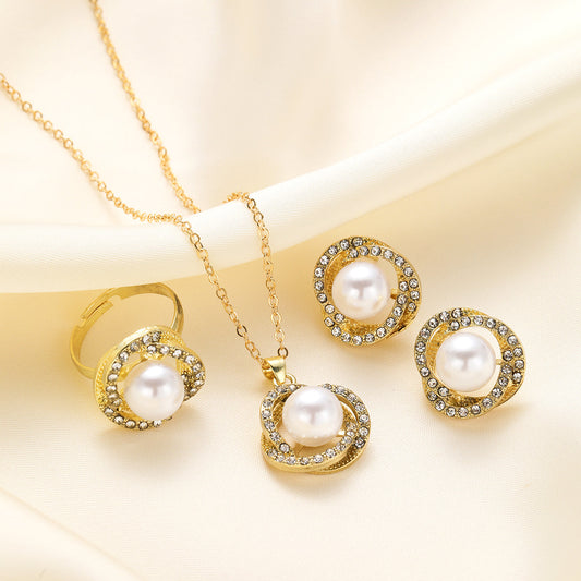 Pearl Geometric Necklace, Earrings & Ring Set