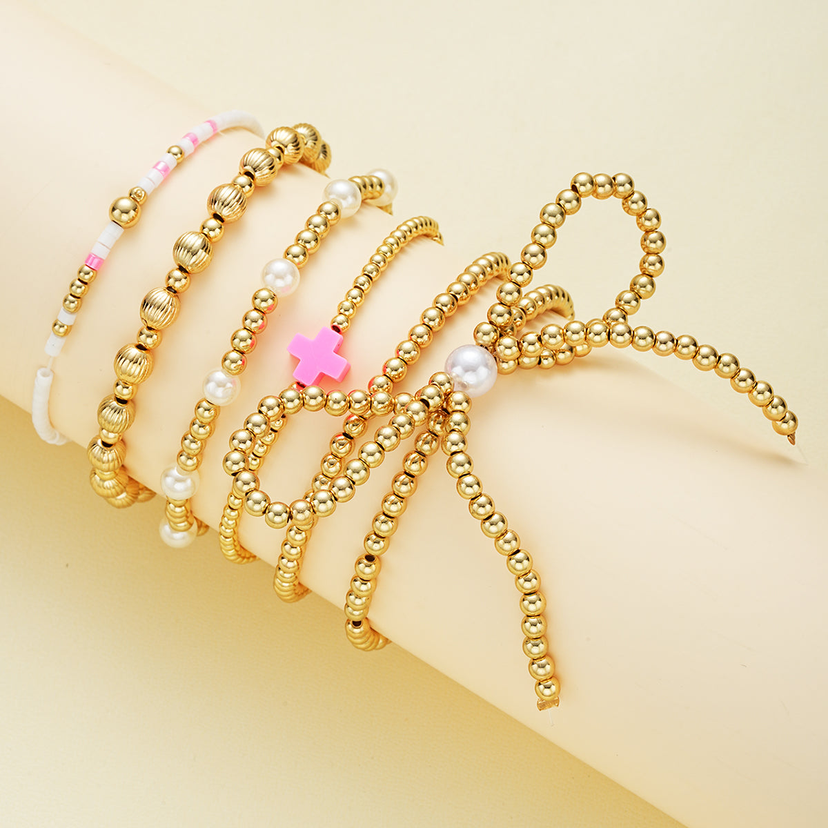 6pc Beaded Pink Cross Bracelet Stack