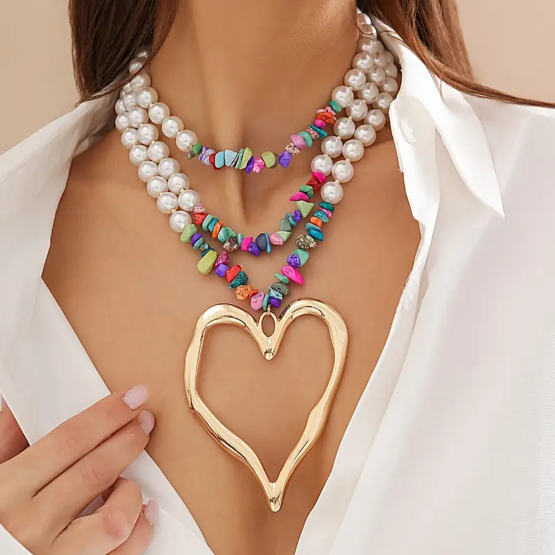 3pc Colorful Pearl Heart Shaped Layered Necklace