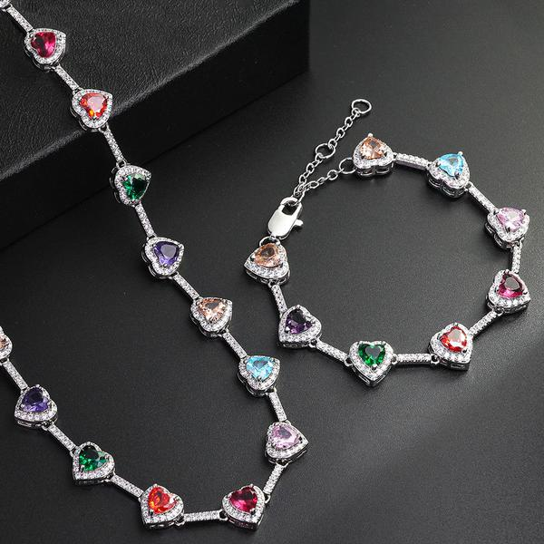 2pc Heart Shaped Colorful Necklace & Bracelet Set