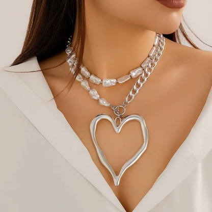 Double Layer Baroque Heart Pearl Necklace