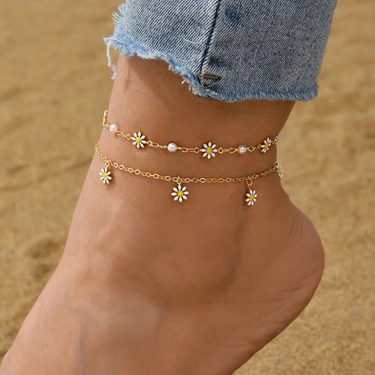 Layered Daisy Flower Anklet Set