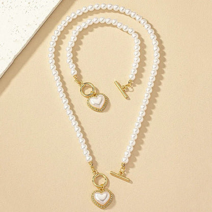 Heart Shaped Pearl Necklace & Bracelet Set