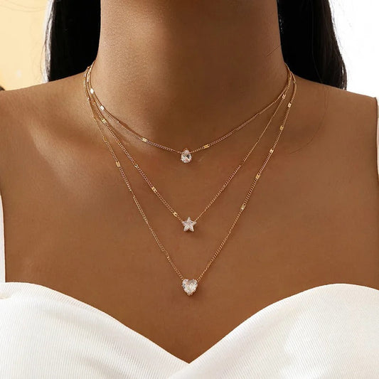 3pc Crystal Love Multilayer Necklace Set