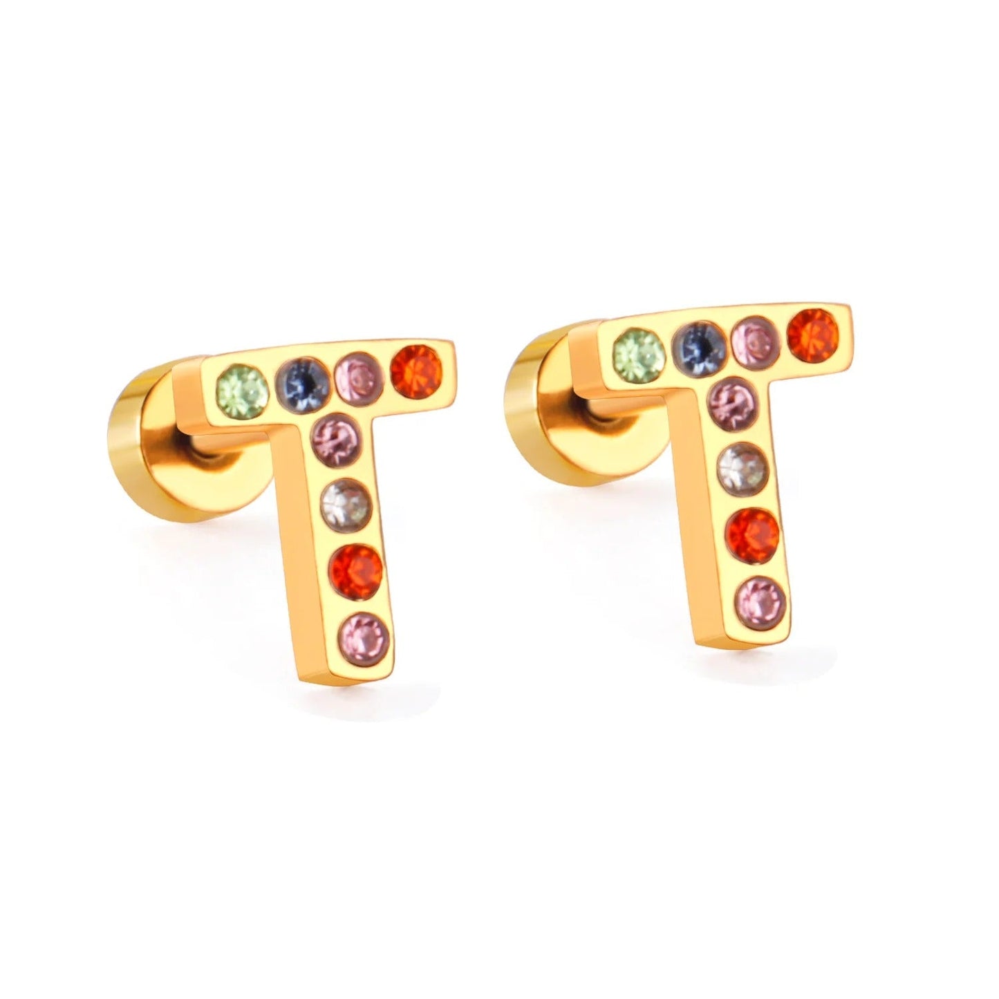 Rainbow Initial Letter Stud Earrings