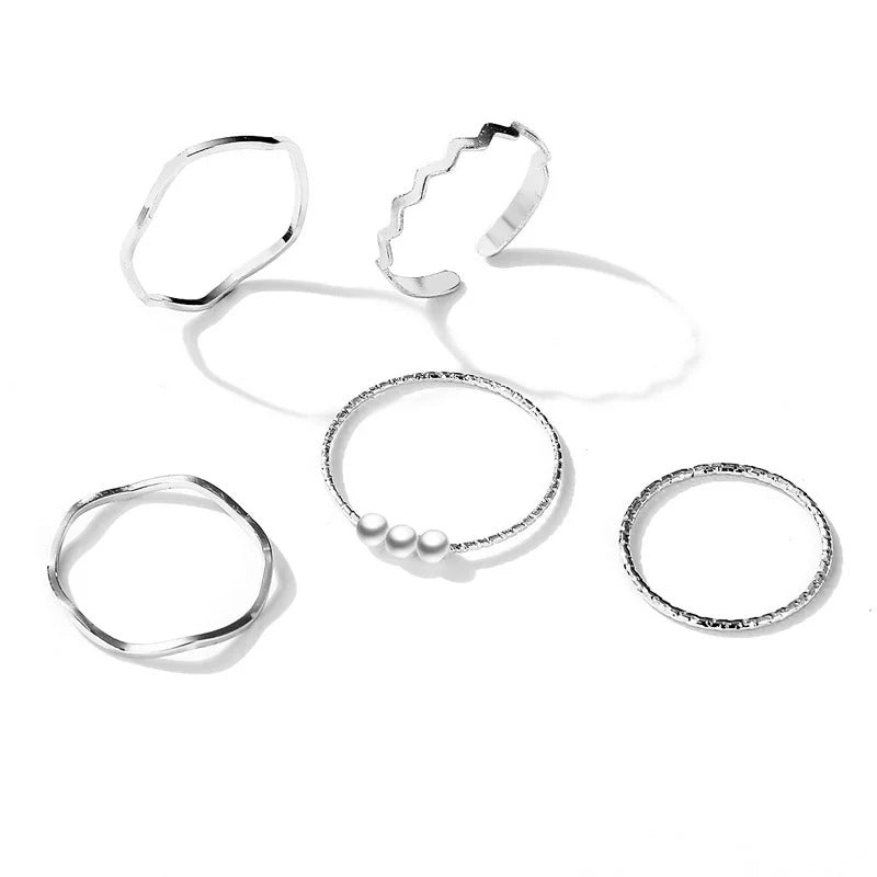 5pc Wavy Pearl Combo Ring Set