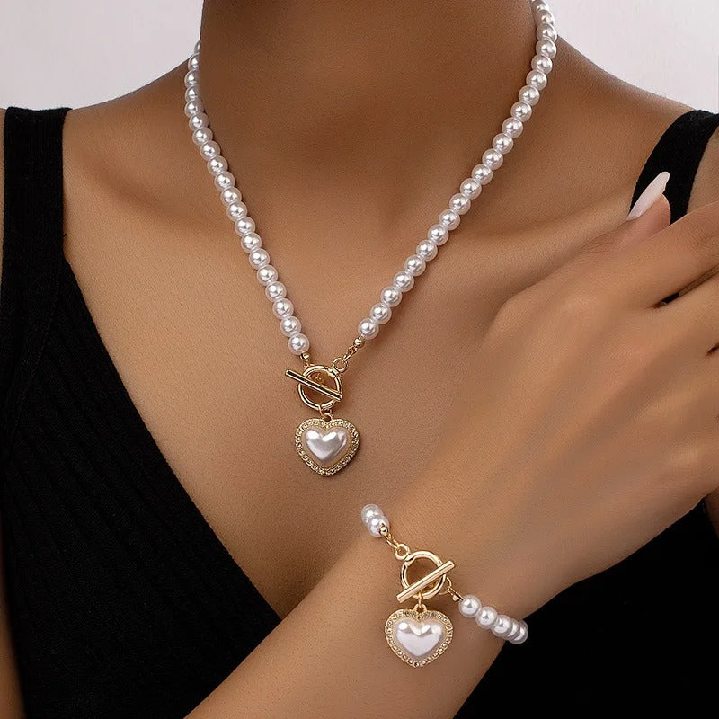 Heart Shaped Pearl Necklace & Bracelet Set