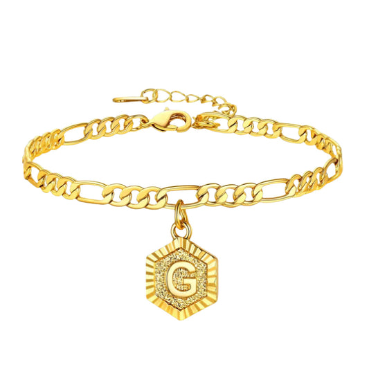 Hexagon Initial Letter Figaro Chain Anklet
