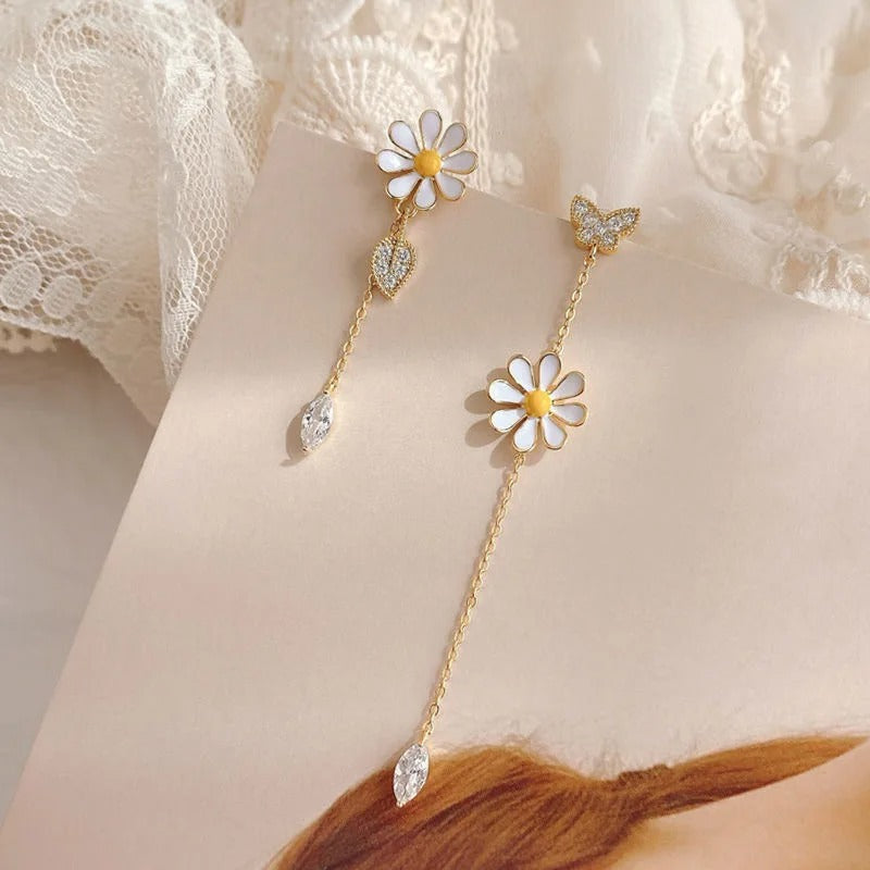 Long Daisy Asymmetrical Earrings