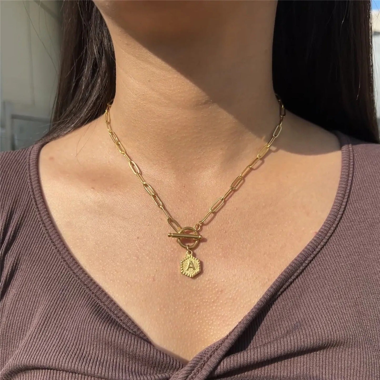 Geometric Tag Initial Toggle Necklace