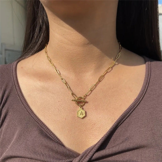 Geometric Tag Initial Toggle Necklace