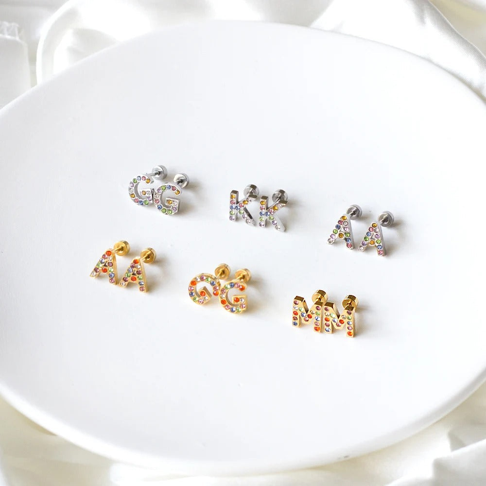 Rainbow Initial Letter Stud Earrings