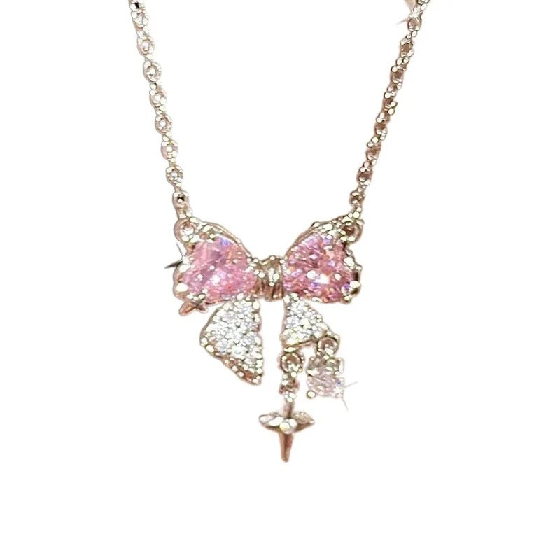 Sparkling Pink Bow Necklace