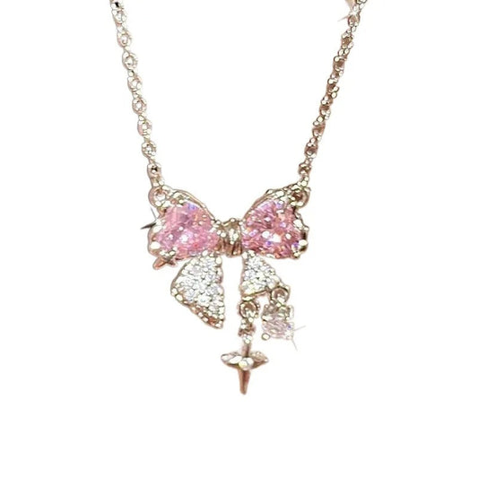 Sparkling Pink Bow Necklace