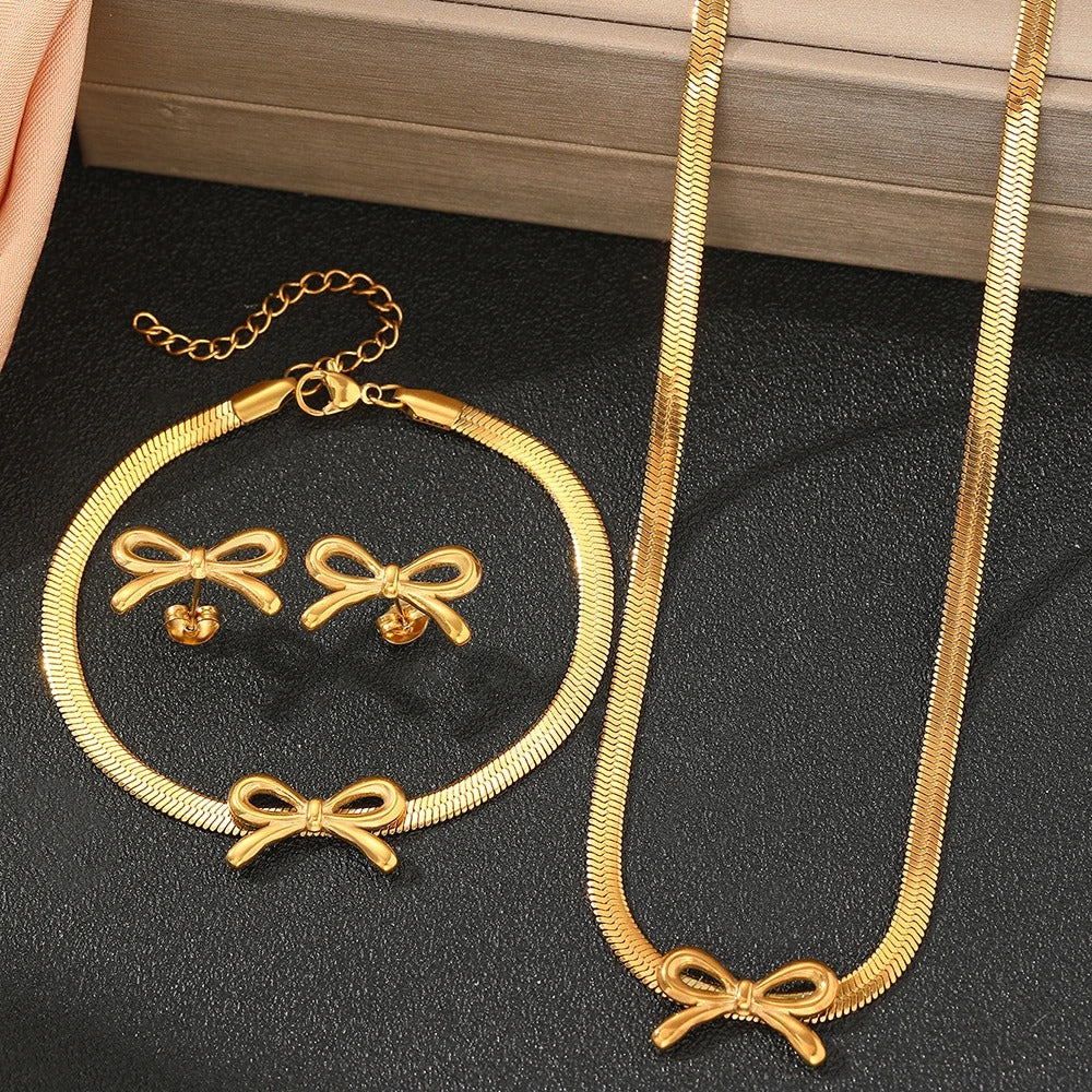 3pc Dainty Bow Necklace, Bracelet, & Earrings Set