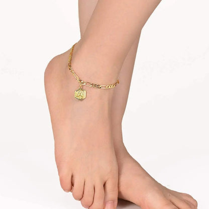 Hexagon Initial Letter Figaro Chain Anklet