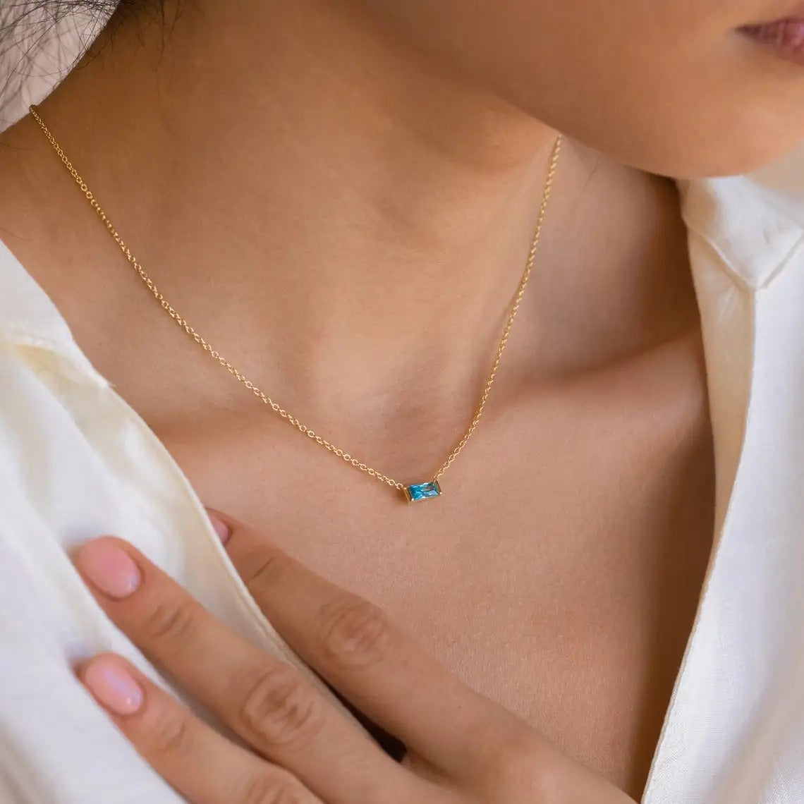 Minimal Baguette Square Birthstone Necklace