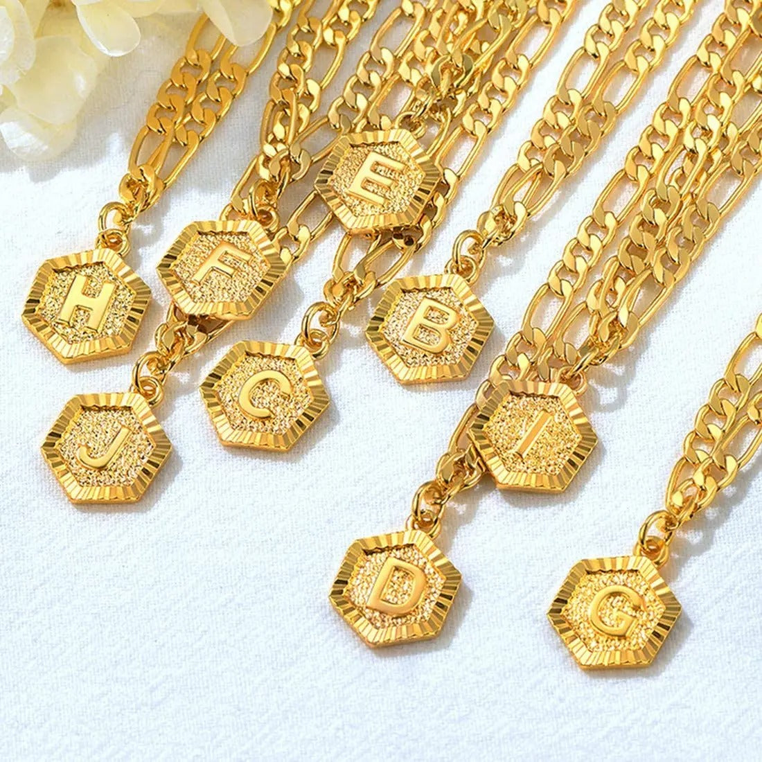 Hexagon Initial Letter Figaro Chain Anklet