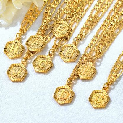 Hexagon Initial Letter Figaro Chain Anklet