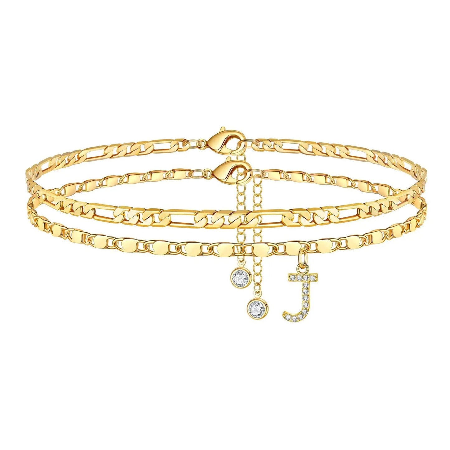 14k Figaro Initial Letter Anklet Set