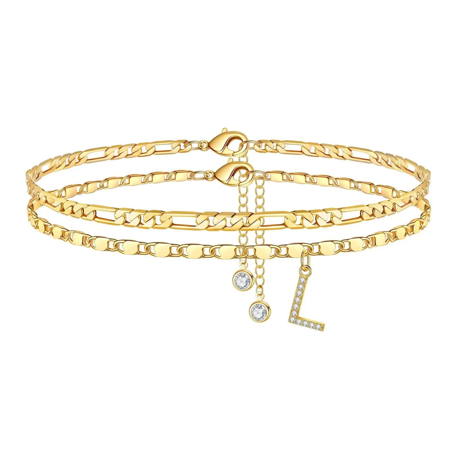 14k Figaro Initial Letter Anklet Set