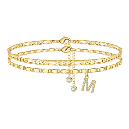 14k Figaro Initial Letter Anklet Set
