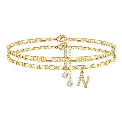 14k Figaro Initial Letter Anklet Set