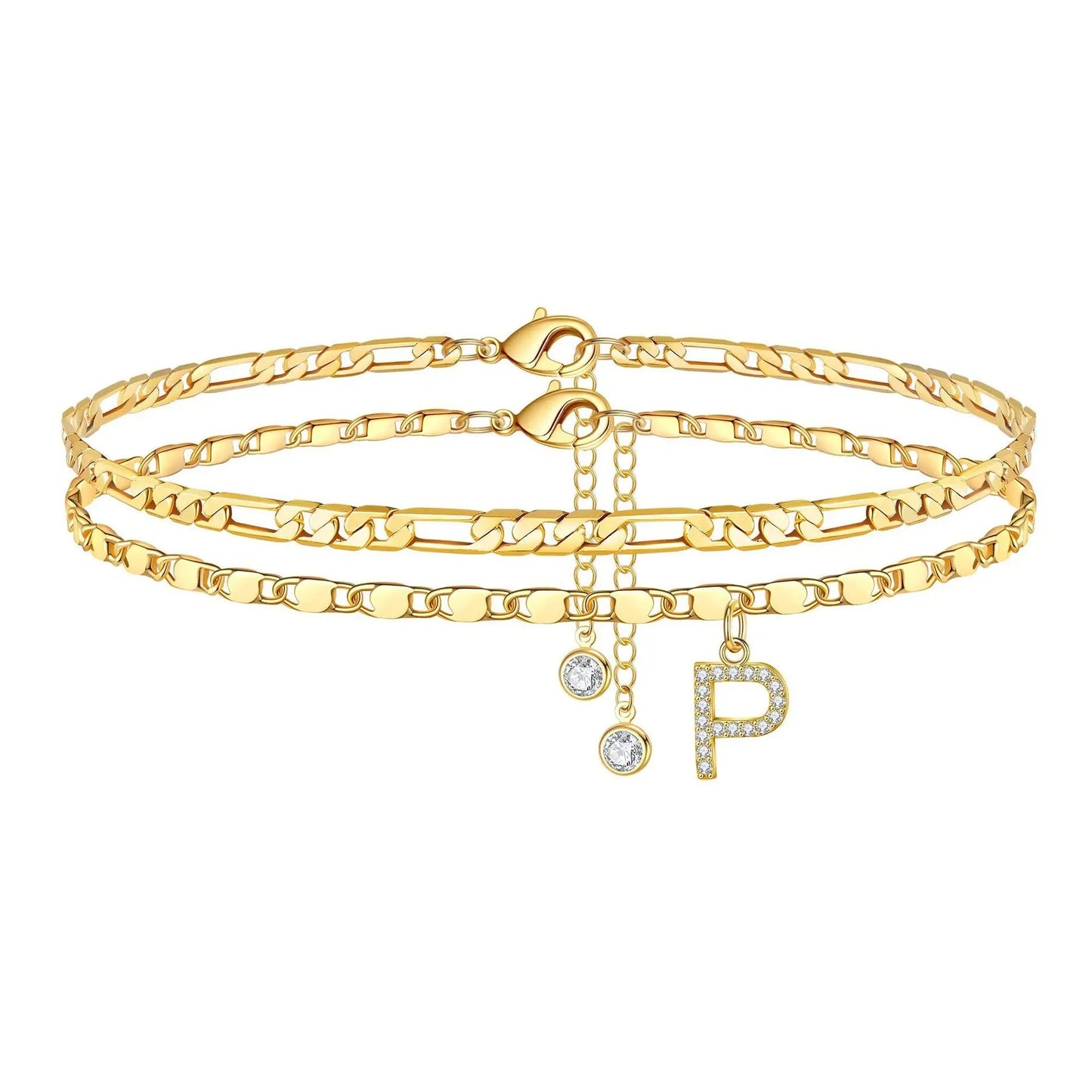 14k Figaro Initial Letter Anklet Set