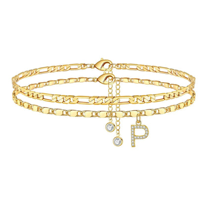 14k Figaro Initial Letter Anklet Set