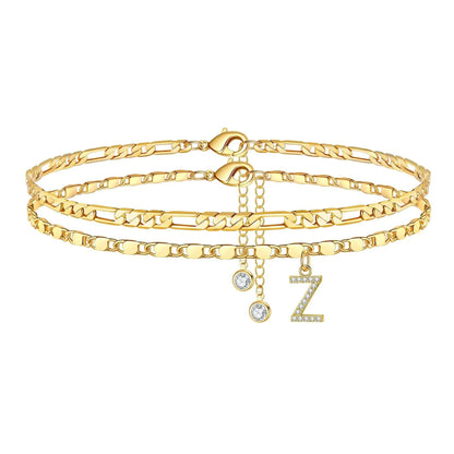 14k Figaro Initial Letter Anklet Set