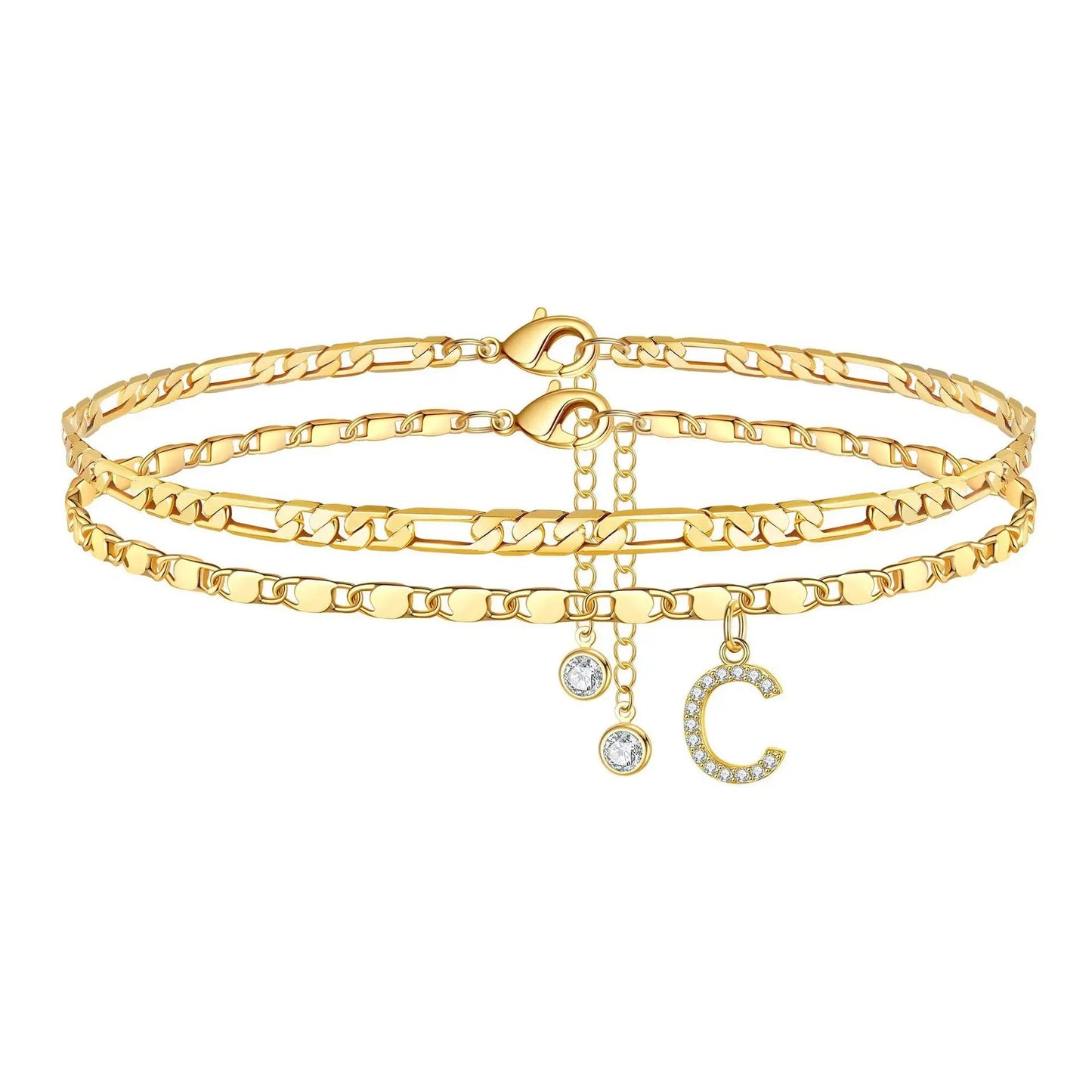 14k Figaro Initial Letter Anklet Set