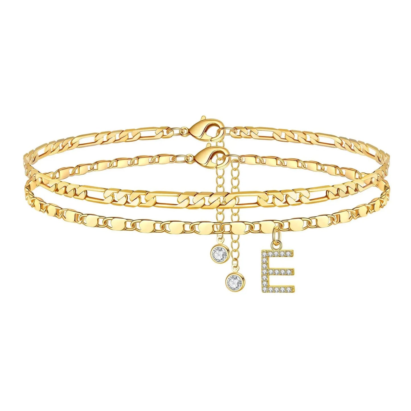 14k Figaro Initial Letter Anklet Set